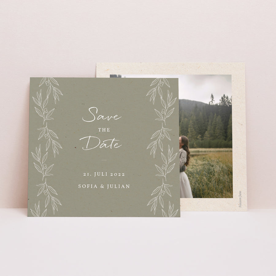 Save the date Karte Hochzeit Quadrat Olivier Textur Papier foto
