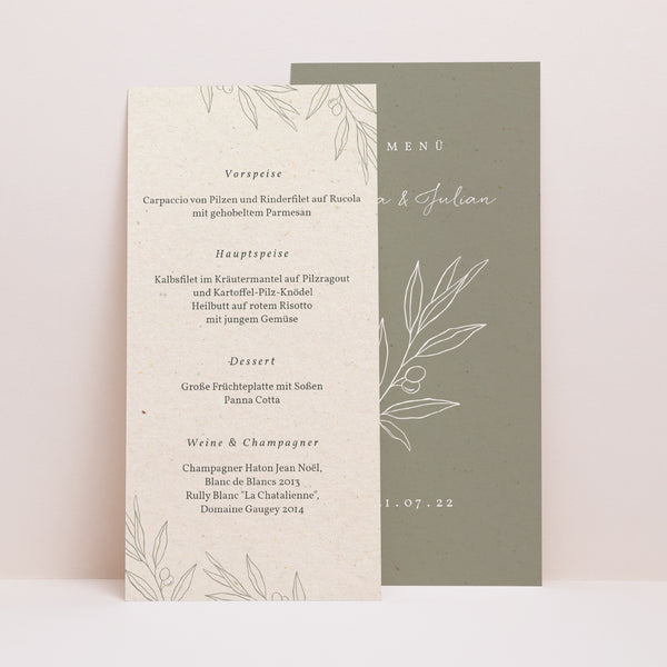 Menükarte Hochzeit Panoramatisches Porträt Olivier Textur Papier foto