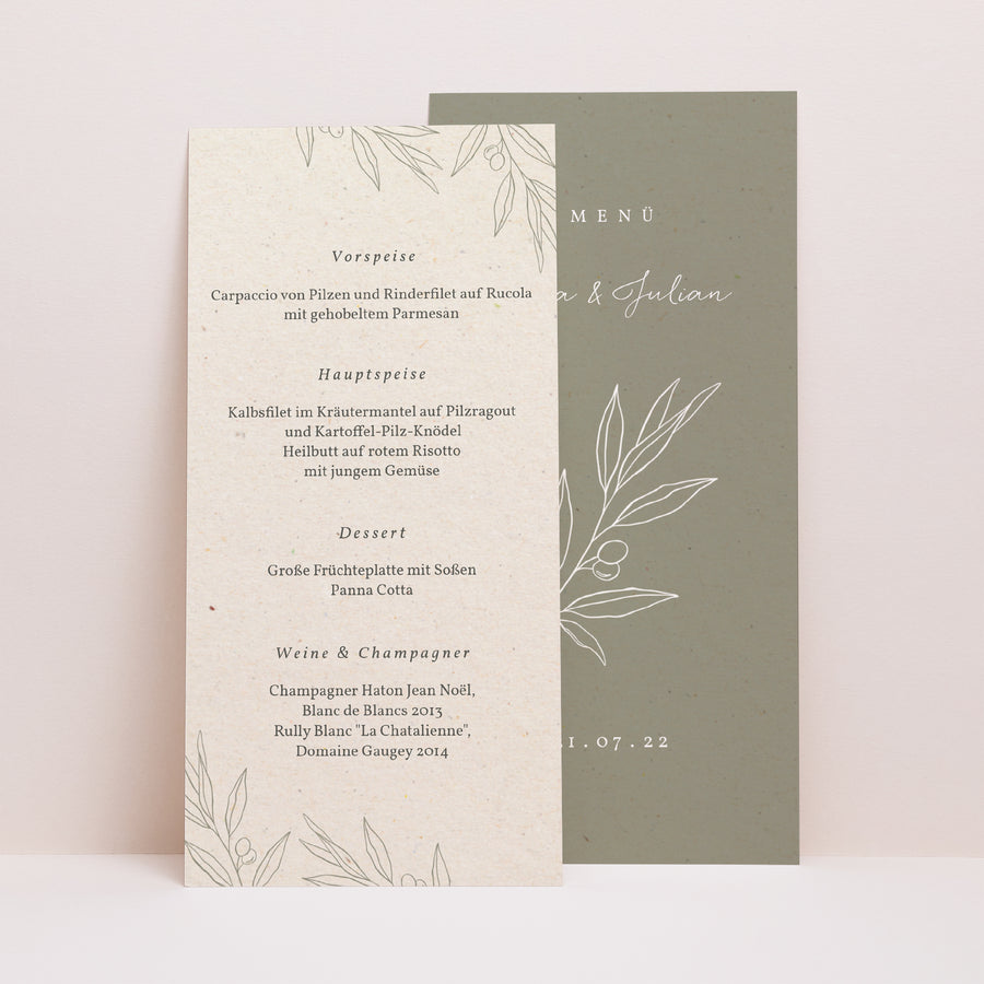 Menükarte Hochzeit Panoramatisches Porträt Olivier Textur Papier foto