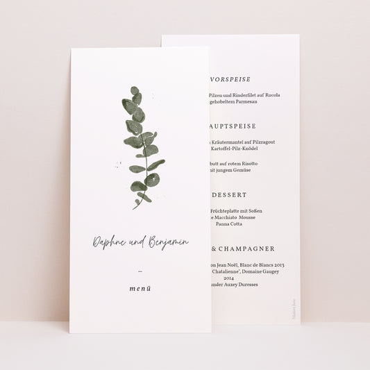 Menükarte Hochzeit Panoramatisches Porträt Eukalyptus Aquarell foto