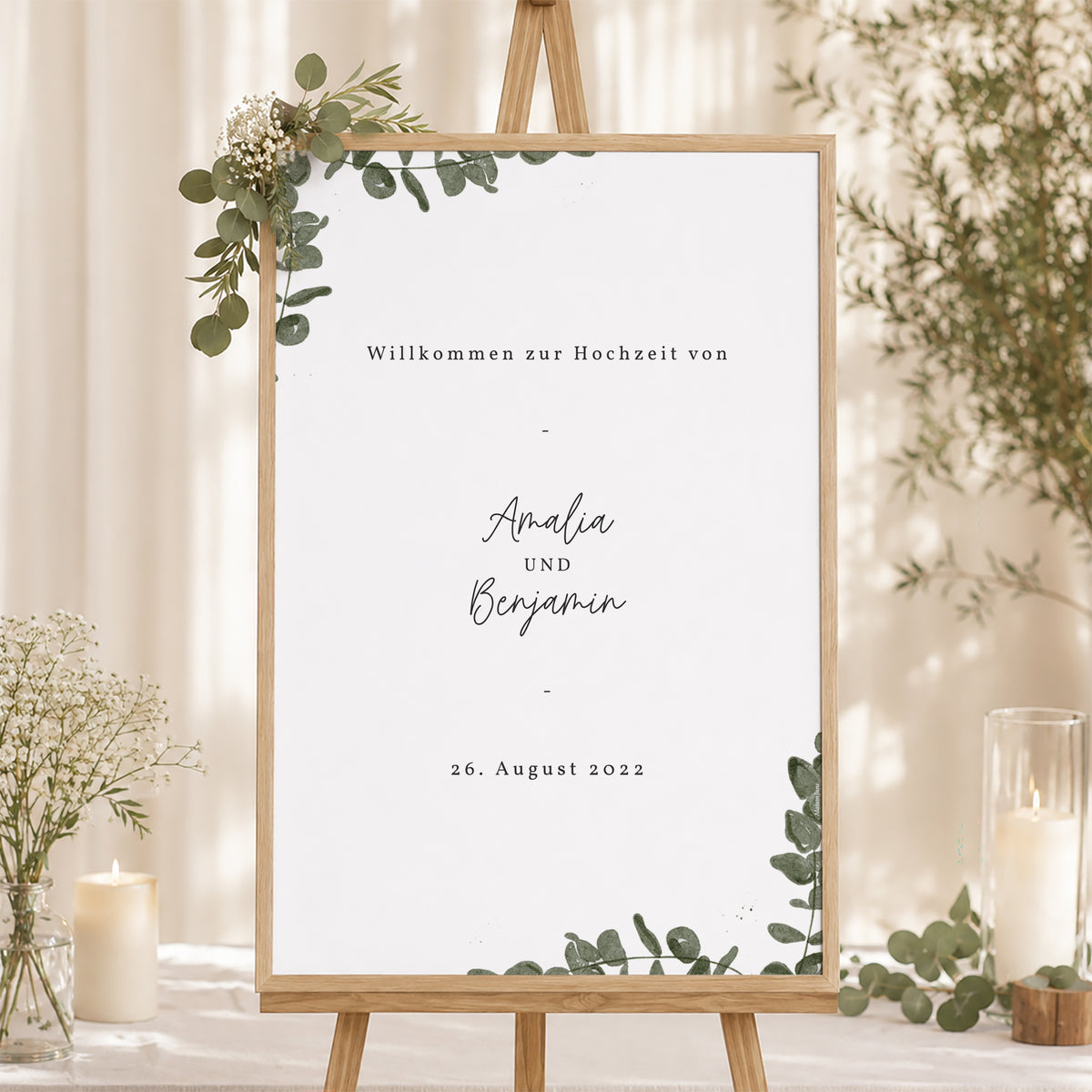 Begrüßungstafel Hochzeit Porträt 60 x 90 cm Eukalyptus Aquarell foto