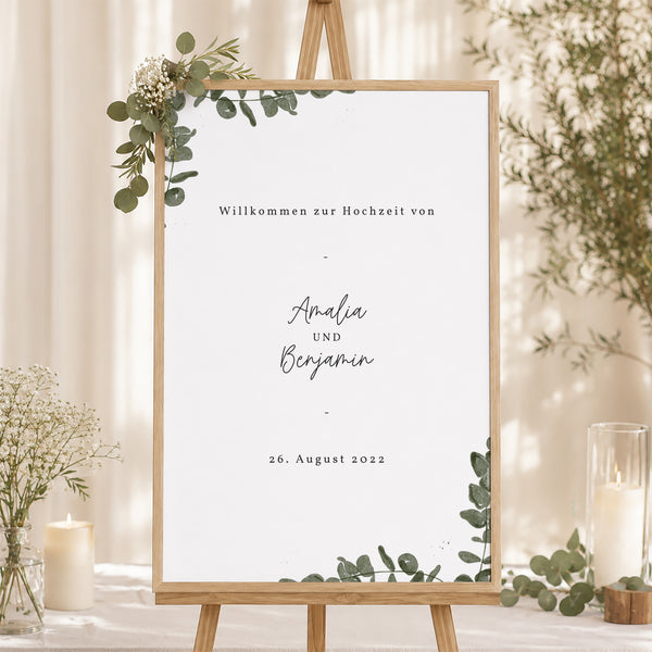 Begrüßungstafel Hochzeit Porträt 60 x 90 cm Eukalyptus Aquarell foto