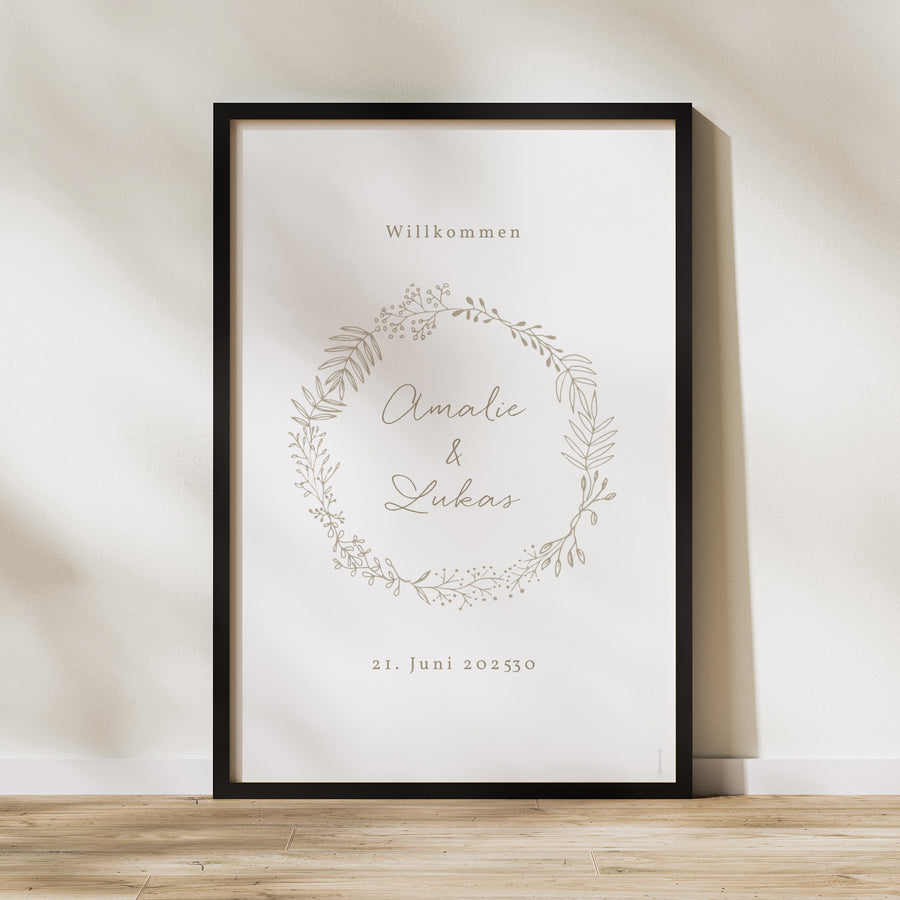 Begrüßungstafel Hochzeit Porträt 60 x 90 cm Goldene Krone foto