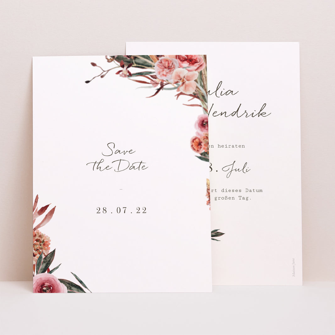 Save the date Karte Hochzeit Porträt Arche Blumen Töne Rot Orange foto N° 1