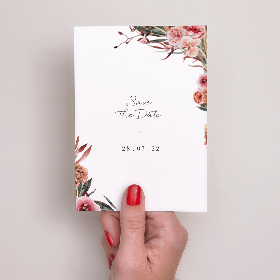 Save the date Karte Hochzeit Porträt Arche Blumen Töne Rot Orange foto N° 2