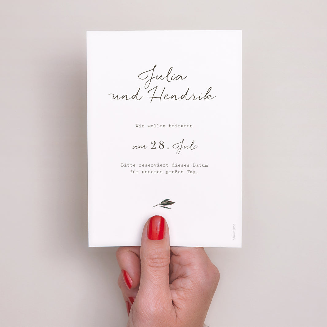 Save the date Karte Hochzeit Porträt Arche Blumen Töne Rot Orange foto N° 3