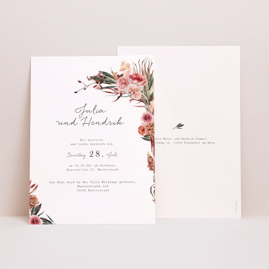 Hochzeitseinladung Arche Blumen Töne Rot Orange foto