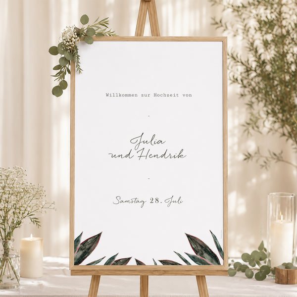Begrüßungstafel Hochzeit Porträt 60 x 90 cm Arche Blumen Töne Rot Orange foto