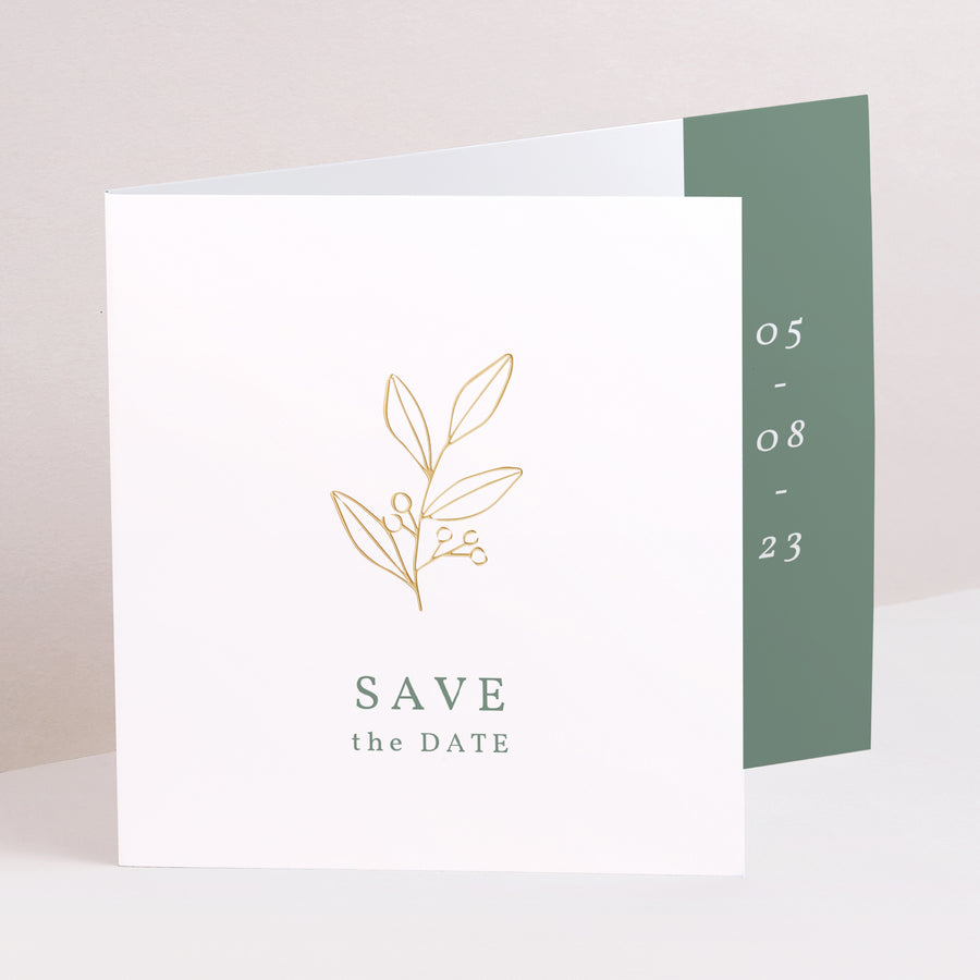 Save the date Karte Hochzeit Asymmetrische Zweiflügeltür Romantischer Zweig foto