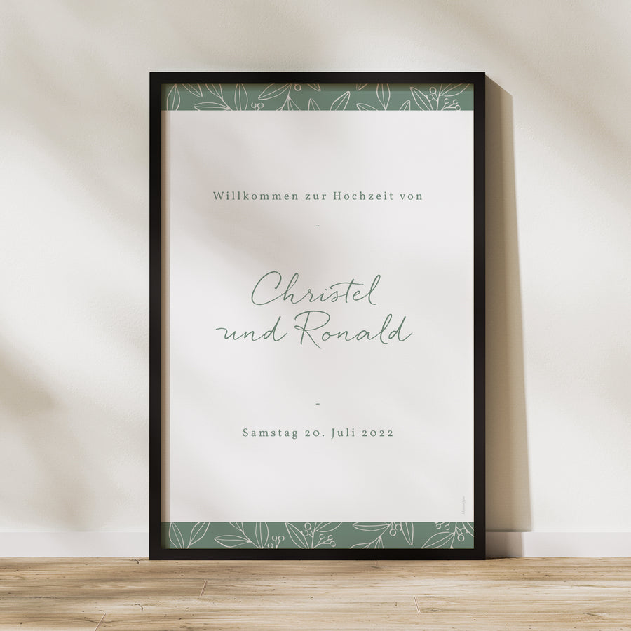 Begrüßungstafel Hochzeit Porträt 60 x 90 cm Romantischer Zweig foto