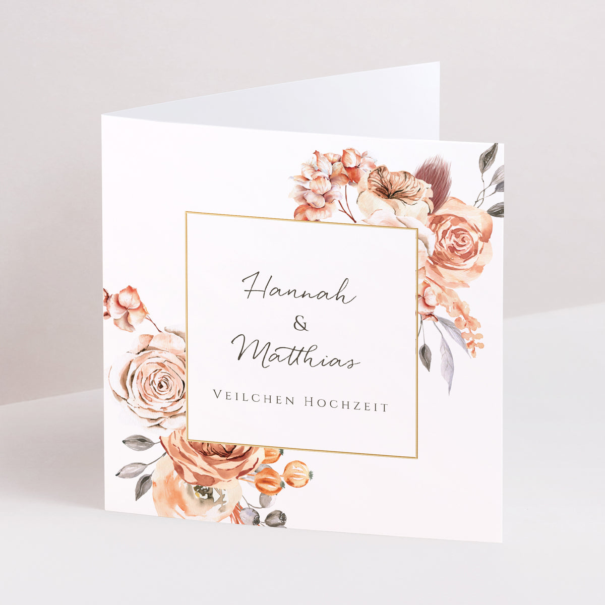 Einladungskarte Hochzeitstag Doppelflügiges Quadrat Romantico, Karamellrosen foto