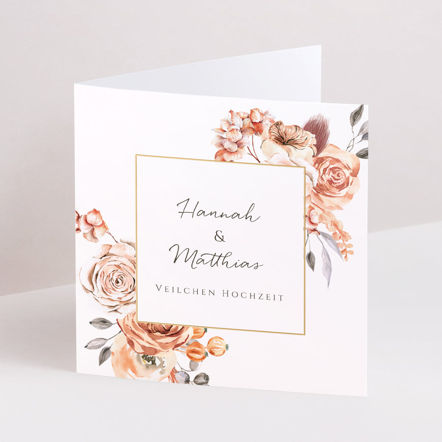 Beilegekarte Hochzeitstag Doppelflügiges Quadrat Romantico, Karamellrosen foto