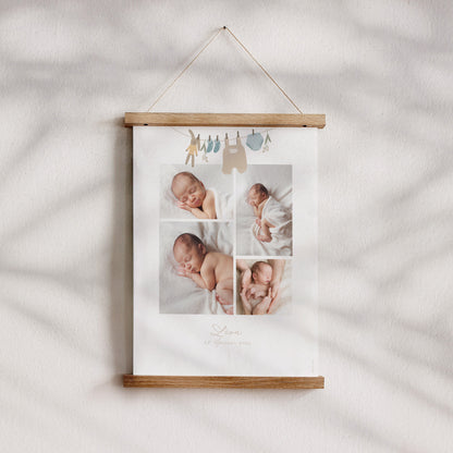 Poster Geburt Porträt Kleine Jungenkleidung auf der Wäscheleine foto N° 4