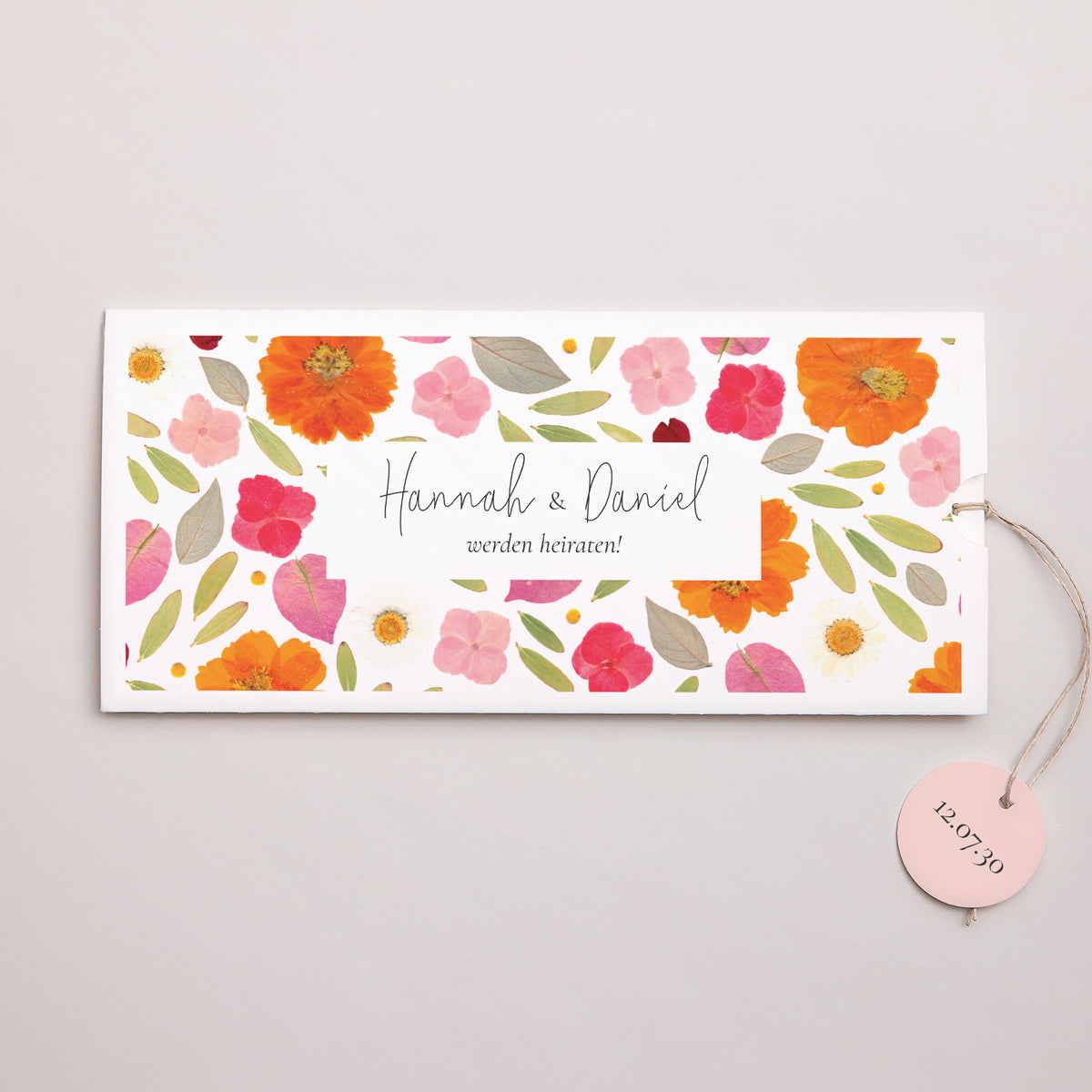 Hochzeitseinladung Mappe 2 Karten, Etikett Herbarium-Blüten foto