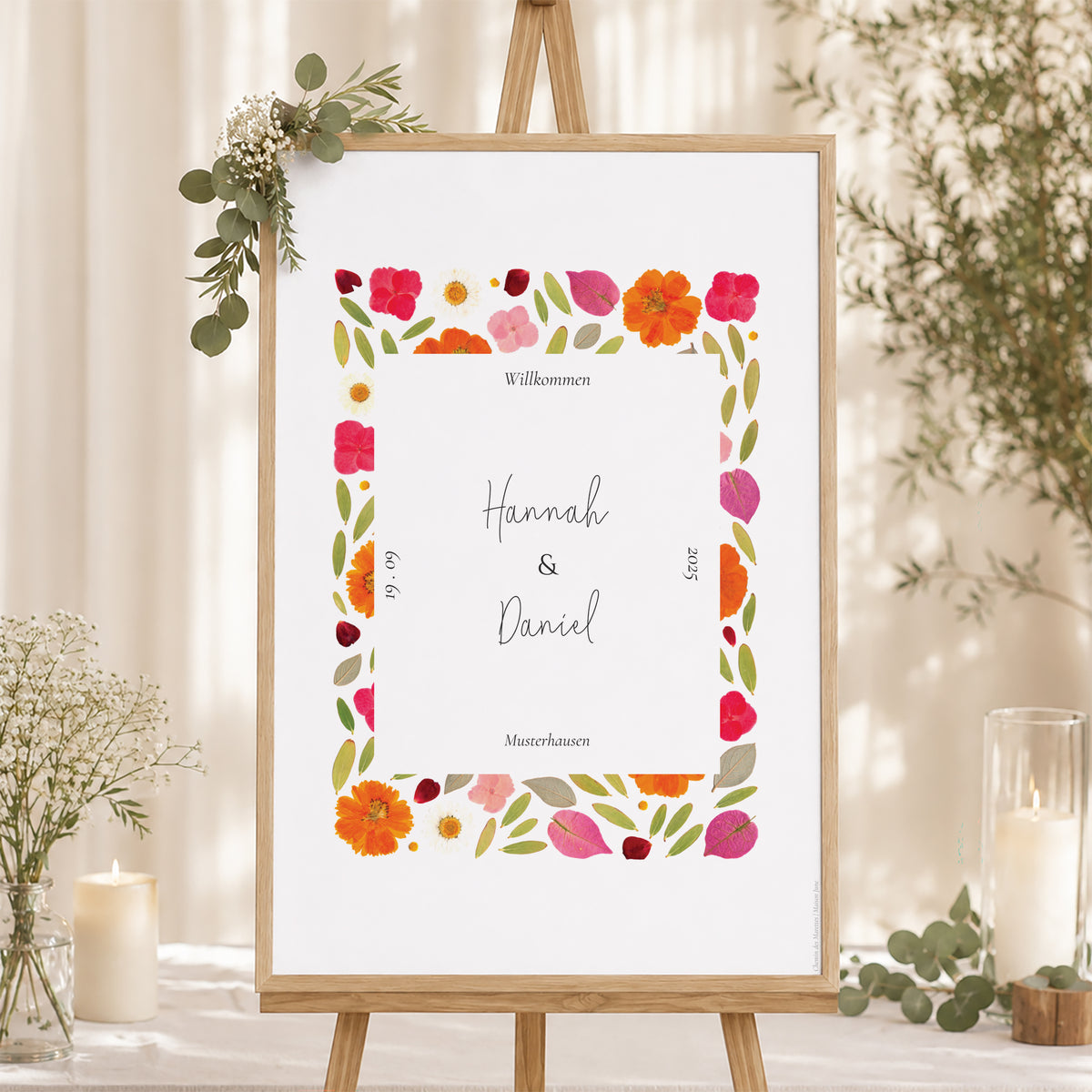 Begrüßungstafel Hochzeit Porträt 60 x 90 cm Herbarium-Blüten foto N° 1