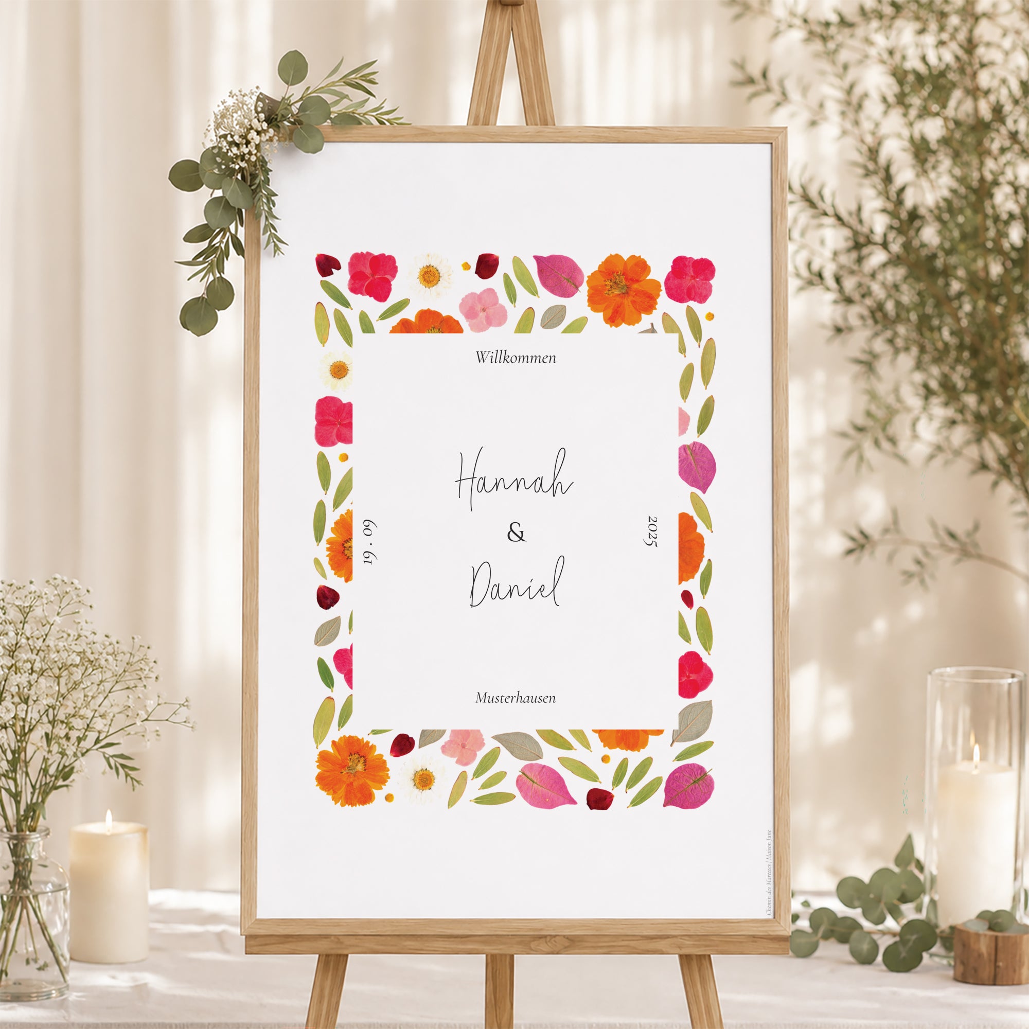 Begrüßungstafel Hochzeit Porträt 60 x 90 cm Herbarium-Blüten foto N° 1