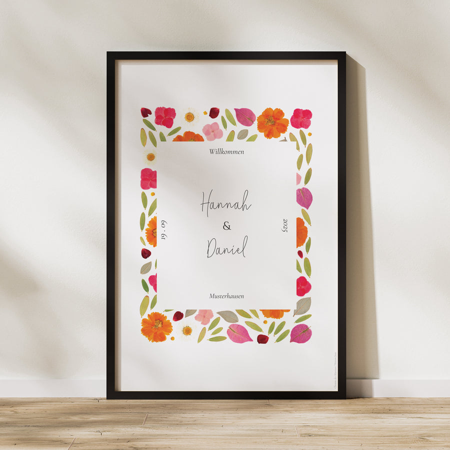 Begrüßungstafel Hochzeit Porträt 60 x 90 cm Herbarium-Blüten foto