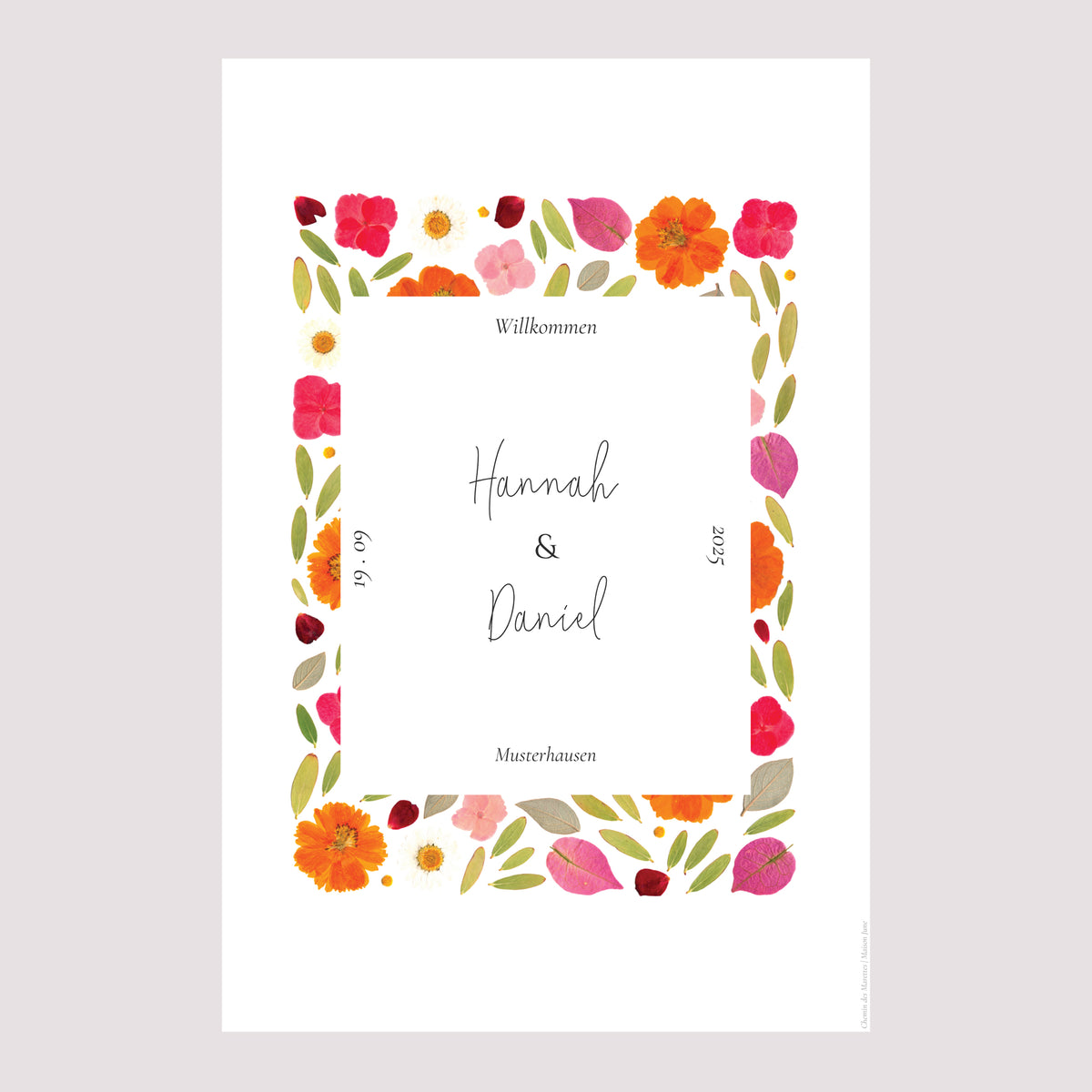 Begrüßungstafel Hochzeit Porträt 60 x 90 cm Herbarium-Blüten foto N° 2