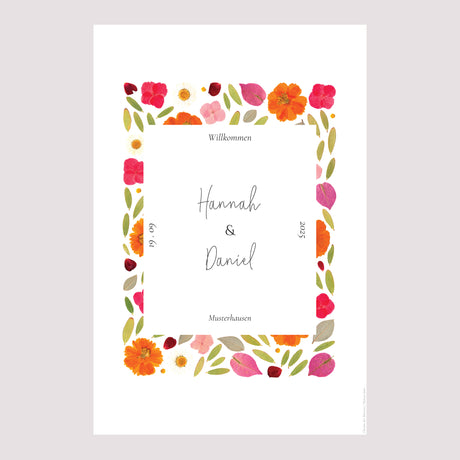 Begrüßungstafel Hochzeit Porträt 60 x 90 cm Herbarium-Blüten