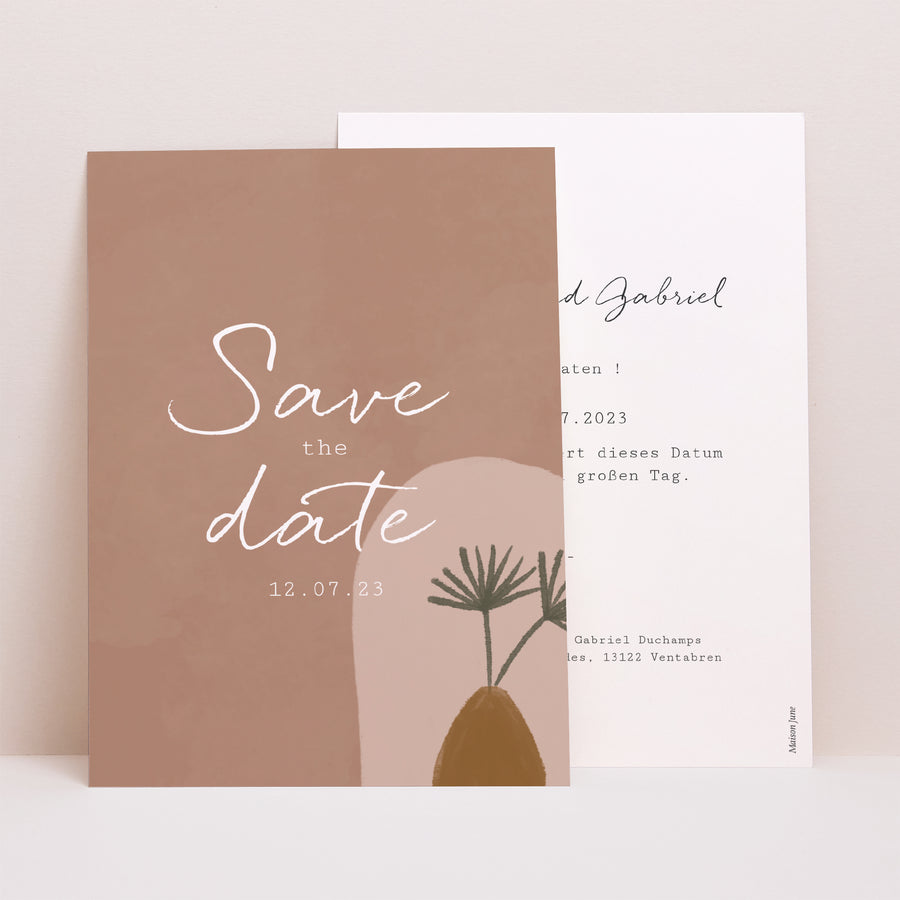 Save the date Karte Hochzeit Porträt Paar zum Zusammenstellen im Boho-Stil foto