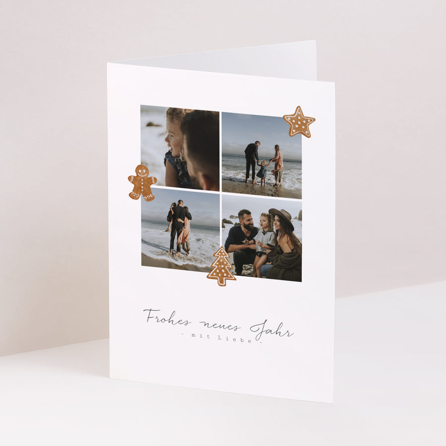 Weihnachtskarte Weihnachten Doppelflügelporträt Kekse und Fotos foto
