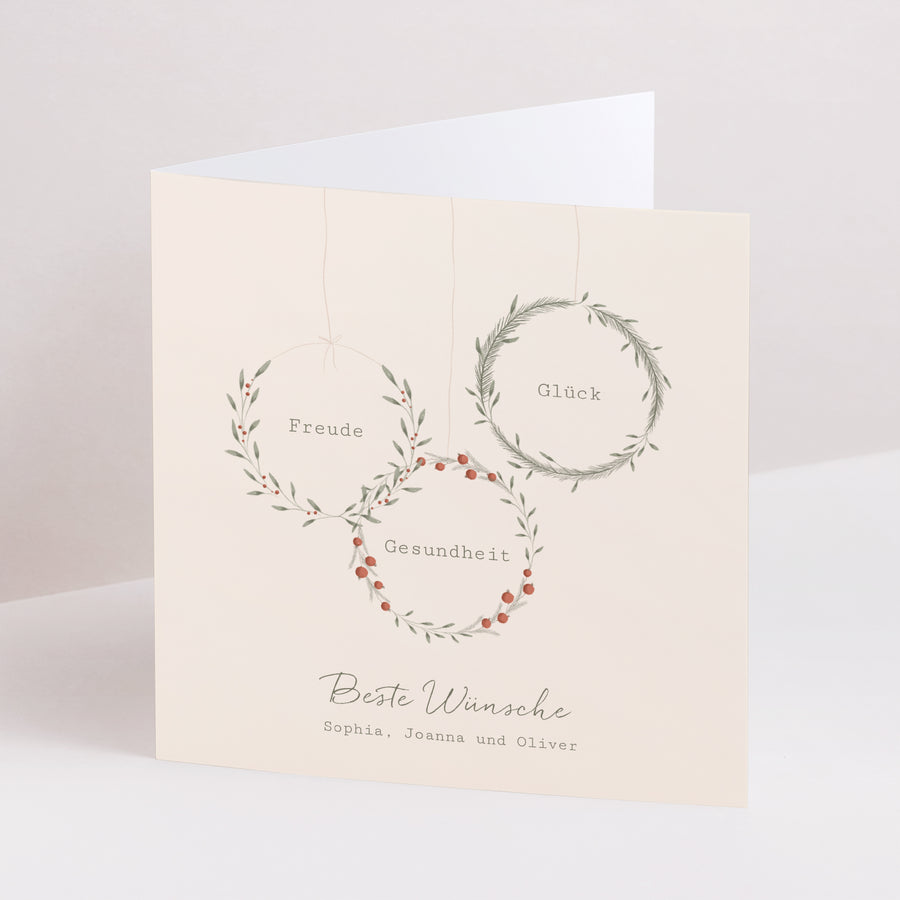 Weihnachtskarte Weihnachten Doppelflügiges Quadrat 3 Kränze Design foto