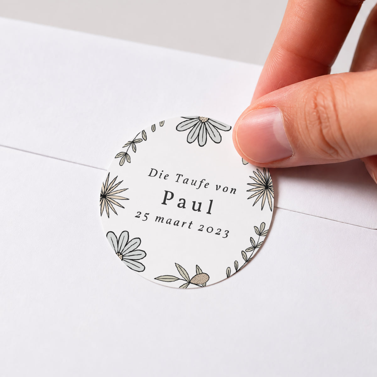 Sticker Taufe Rund Gedichte mit grauem Bleistift und Foto foto