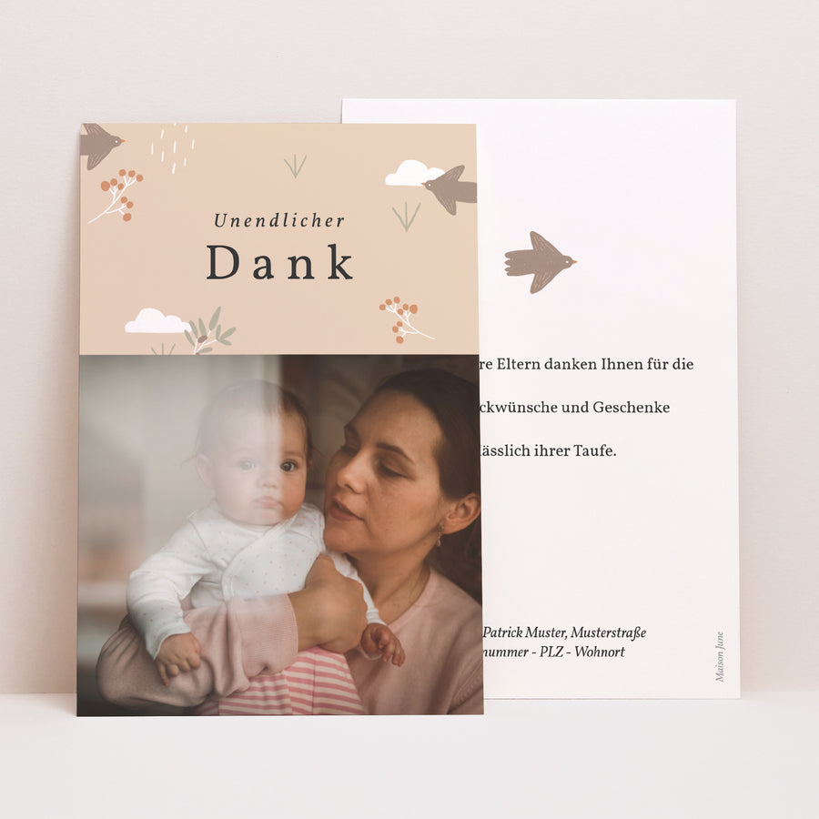 Dankeskarte Taufe PortraitPorträt Vogel, Wolken und Olivenzweig foto