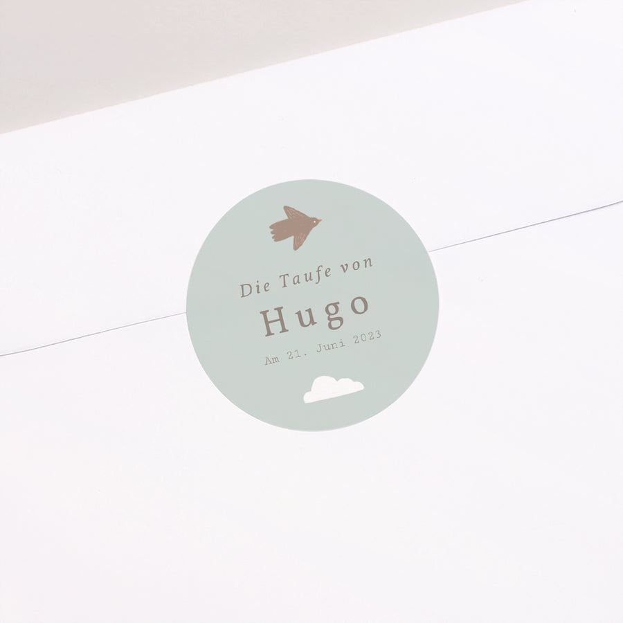 Sticker Taufe Rund Vogel, Wolken und Olivenzweig II foto