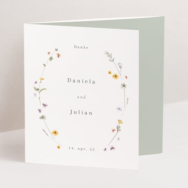 Dankeskarte Hochzeit Asymmetrisches Triptychon Krone kleine Blumen foto