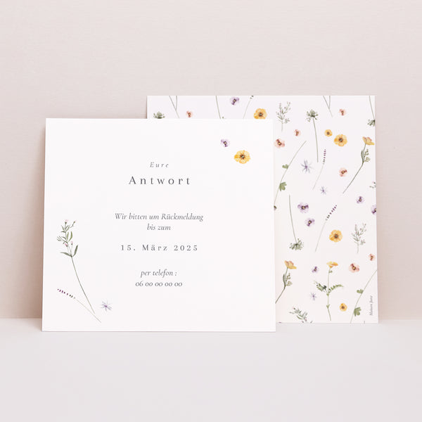 Antwortkarte Hochzeit Quadrat Krone kleine Blumen foto
