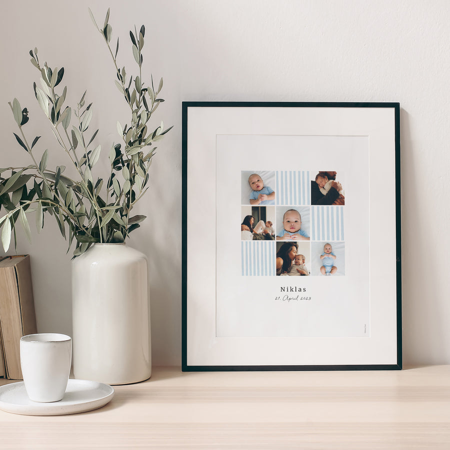 Poster Geburt Porträt Himmelblaue Streifen foto