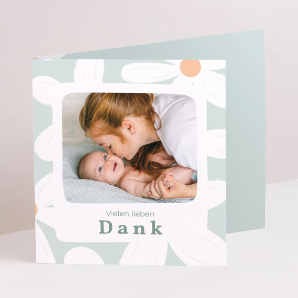 Dankeskarte Geburt Asymmetrische Zweiflügeltür Blaue Margeriten foto