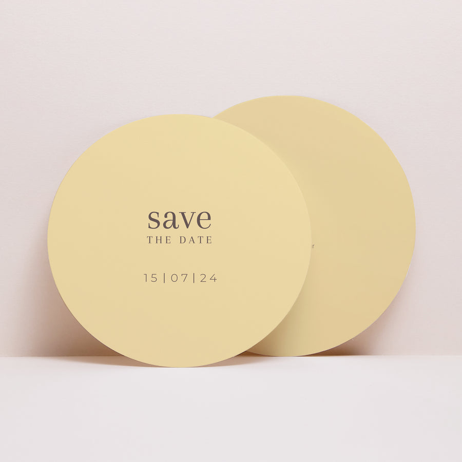 Save the date Karte Hochzeit Rund Zitrusfrucht-Farben foto