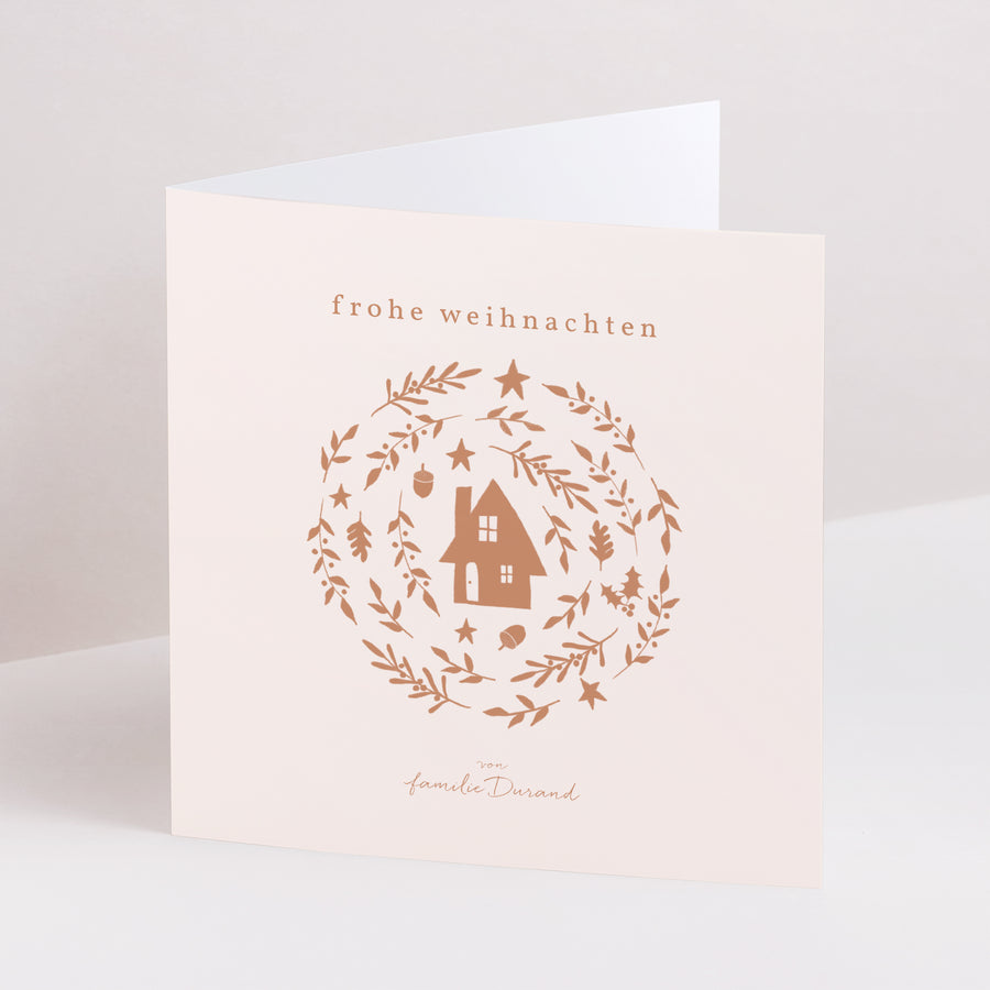 Weihnachtskarte Weihnachten Doppelflügiges Quadrat kreisförmiges Arrangement Weihnachten Terrakotta foto