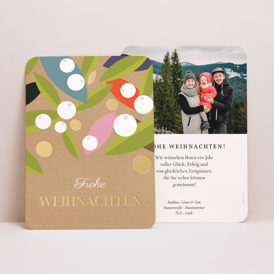 Weihnachtskarte Weihnachten Porträt, abgerundete Kanten Blätter und Misteln foto