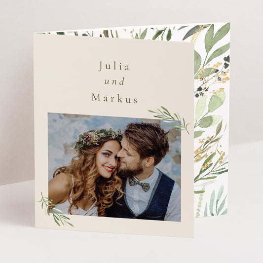 Dankeskarte Hochzeit Asymmetrisches Triptychon Pflanzlich, Goldene Splitter foto