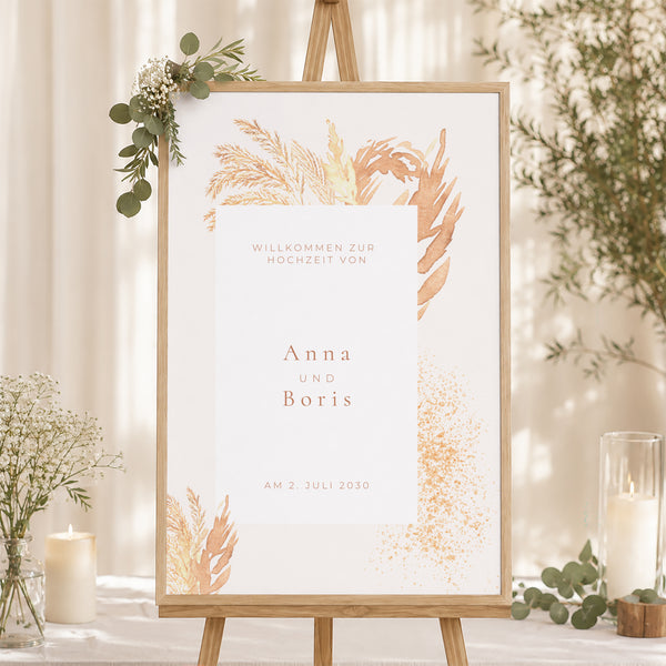Begrüßungstafel Hochzeit Porträt 60 x 90 cm pampa, dezentrierter Rahmen foto