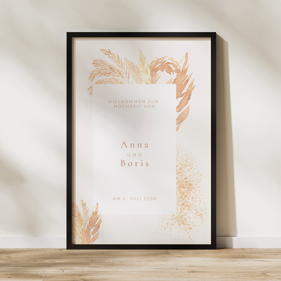 Begrüßungstafel Hochzeit Porträt 60 x 90 cm pampa, dezentrierter Rahmen foto