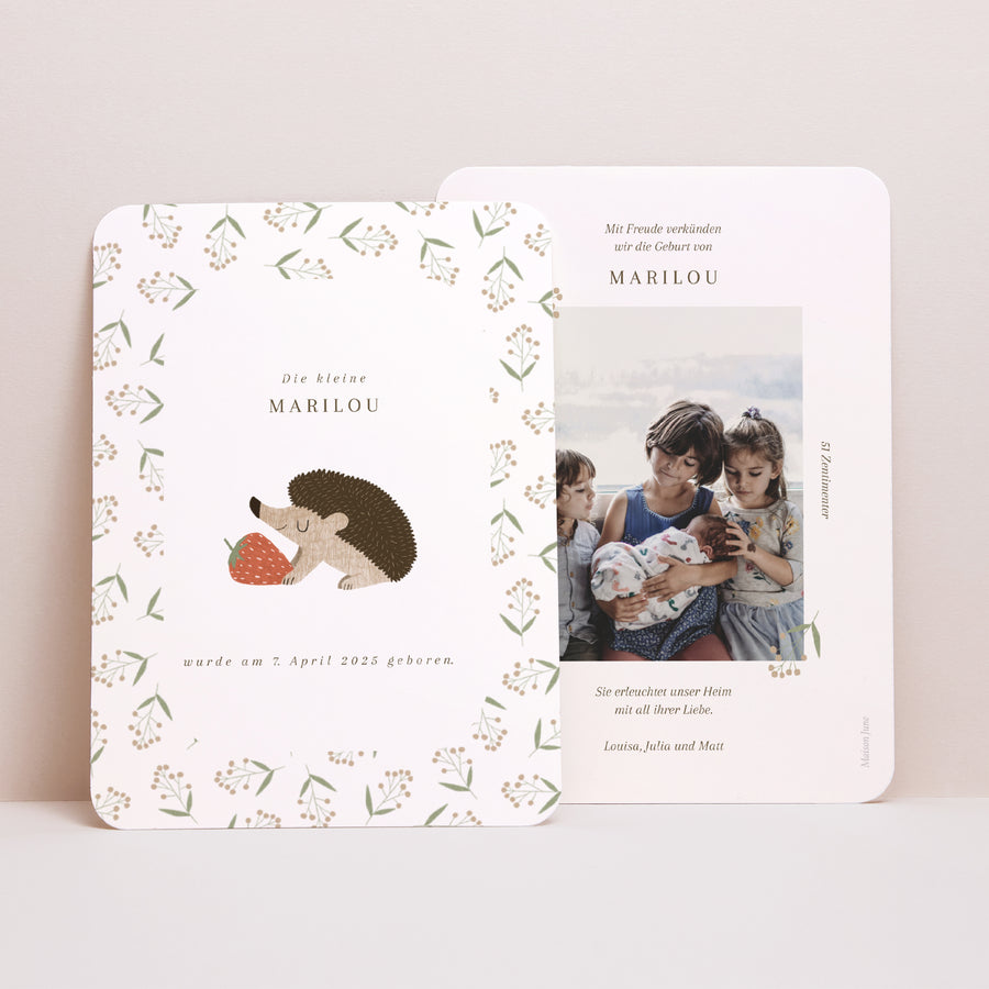 Geburtskarte Porträt, abgerundete Kanten Igel, Beerenmuster foto