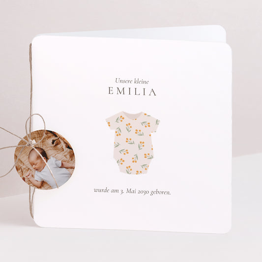 Geburtskarte Doppel-Quadrateinschlag, abgerundete Ecken, runde Etikette blumenbody foto