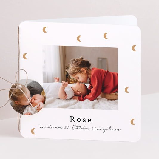 Geburtskarte Doppel-Quadrateinschlag, abgerundete Ecken, runde Etikette Clair de Lune foto