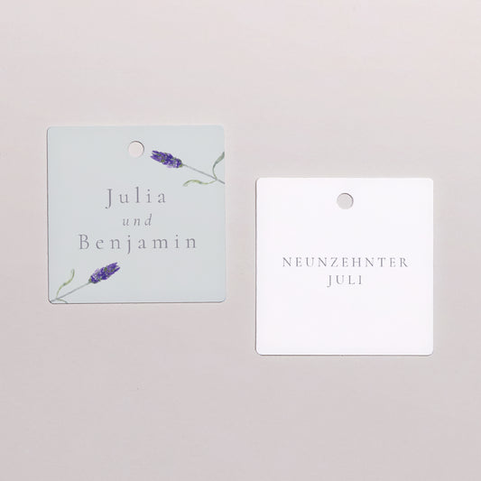 Vorgelochtes Etikett Hochzeit quadratisch Lavendel Aquarell foto
