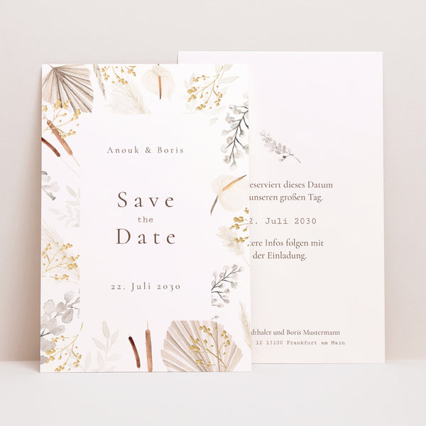 Save the date Karte Hochzeit PortraitPorträt Getrocknete Blumen foto