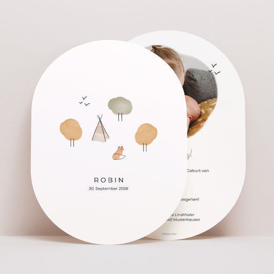 Geburtskarte oval Fuchs mit Bleistift foto