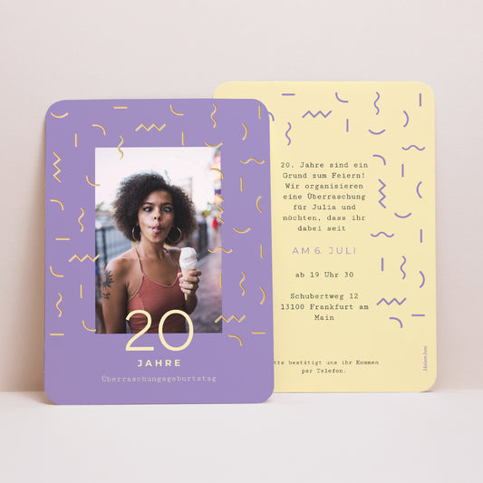 Einladungskarte Geburtstag Porträt, abgerundete Kanten Goldene Konfetti foto