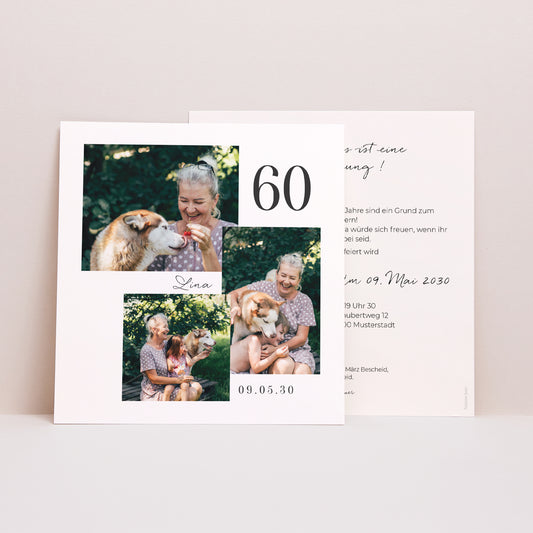 Einladungskarte Geburtstag Quadrat Fotomontage 3 Fotos, 60 Jahre foto