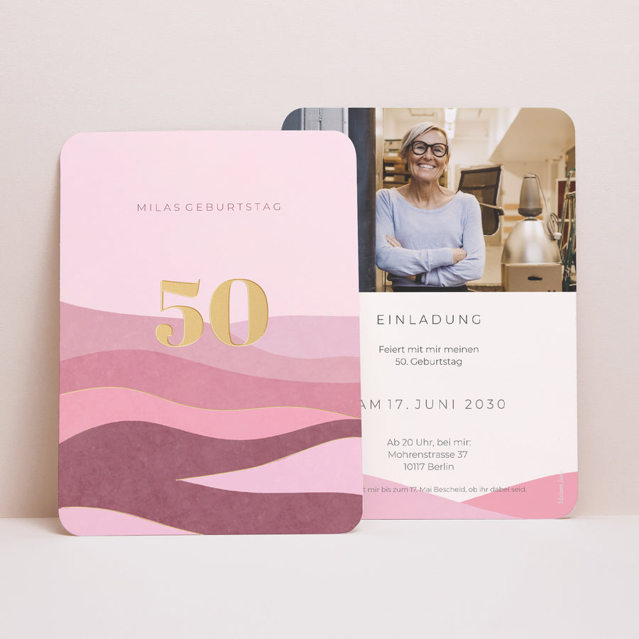 Beilegekarte Geburtstag Erwachsener Porträt, abgerundete Kanten Camaïeu Rosa, 50 Jahre foto