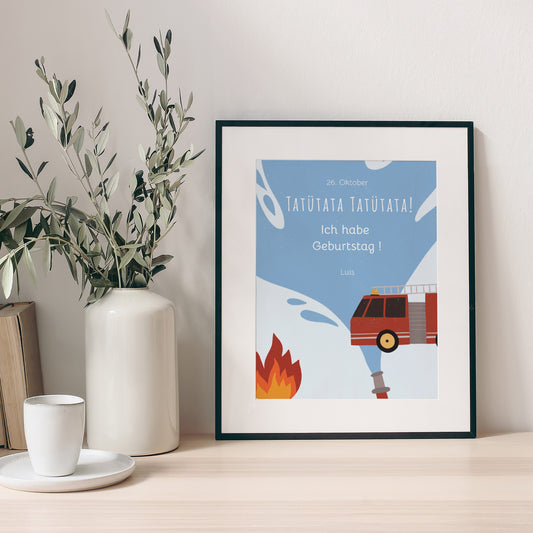 Poster Kindergeburtstag Porträt Feuerwehrmann in Flammen! foto