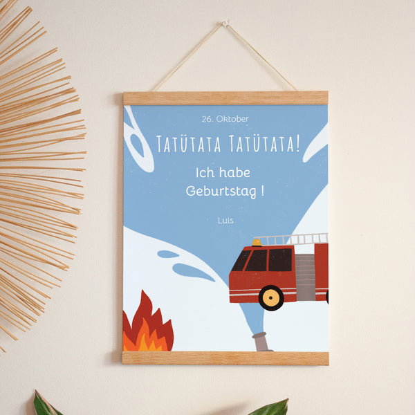 Poster Kindergeburtstag Porträt Feuerwehrmann in Flammen! foto